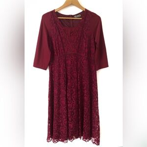 Women's SIze L Burgundy Lace Flowy Midi Dress 3/4 Sleeve Party Formal Wedding
